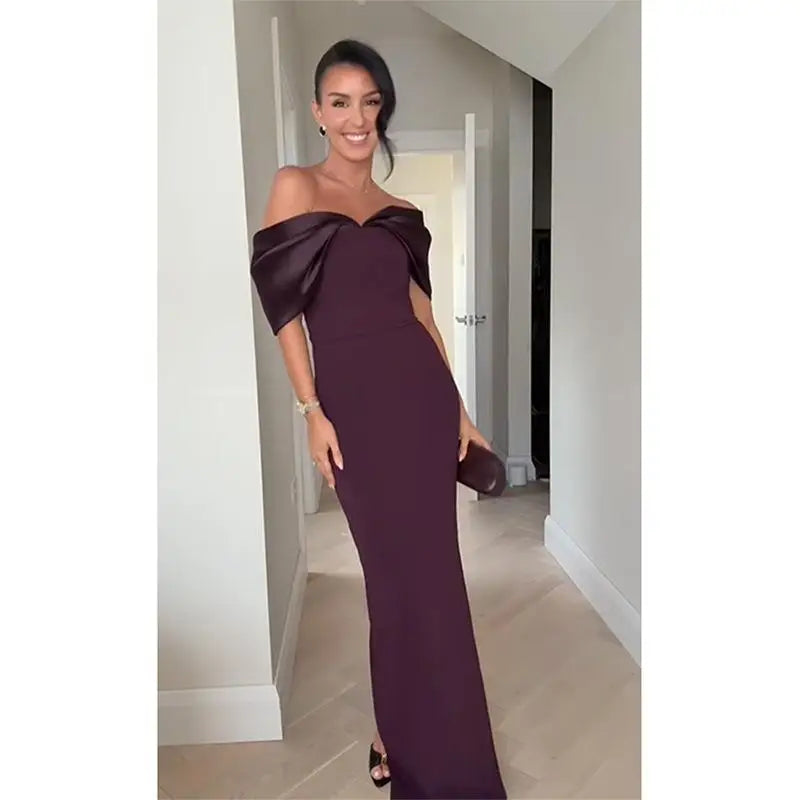 Elegant Purple Satin Patchwork Off Shoulder Midi Dresses New Lady Sleeveless Backless Slim Fit Long Vestido Evening Party Gowns Purple