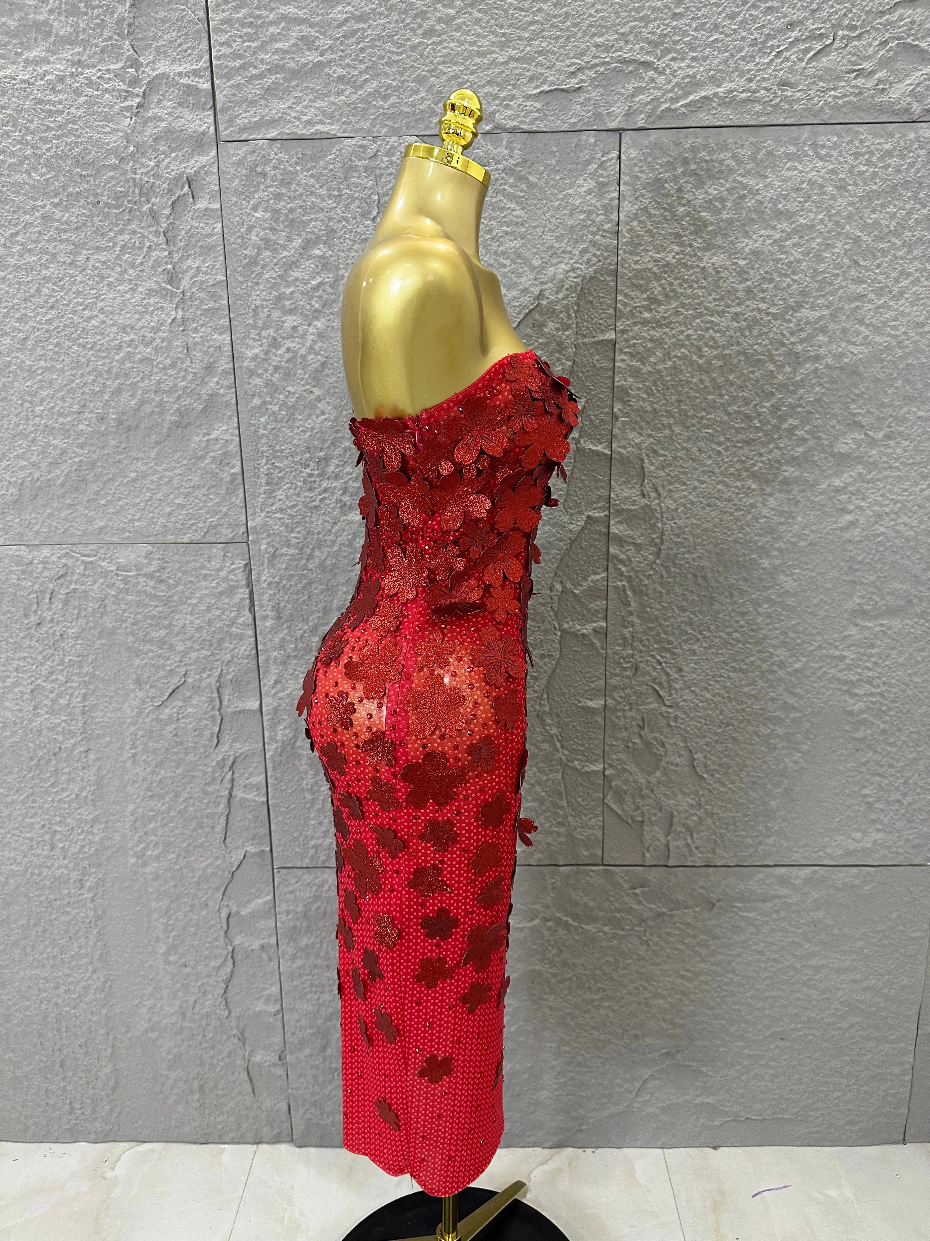 Sparkly Women Sexy Strapless Slim-fit 3D Flower Evening Gala Party Nightclub Cocktail Party Stage Performance Costume