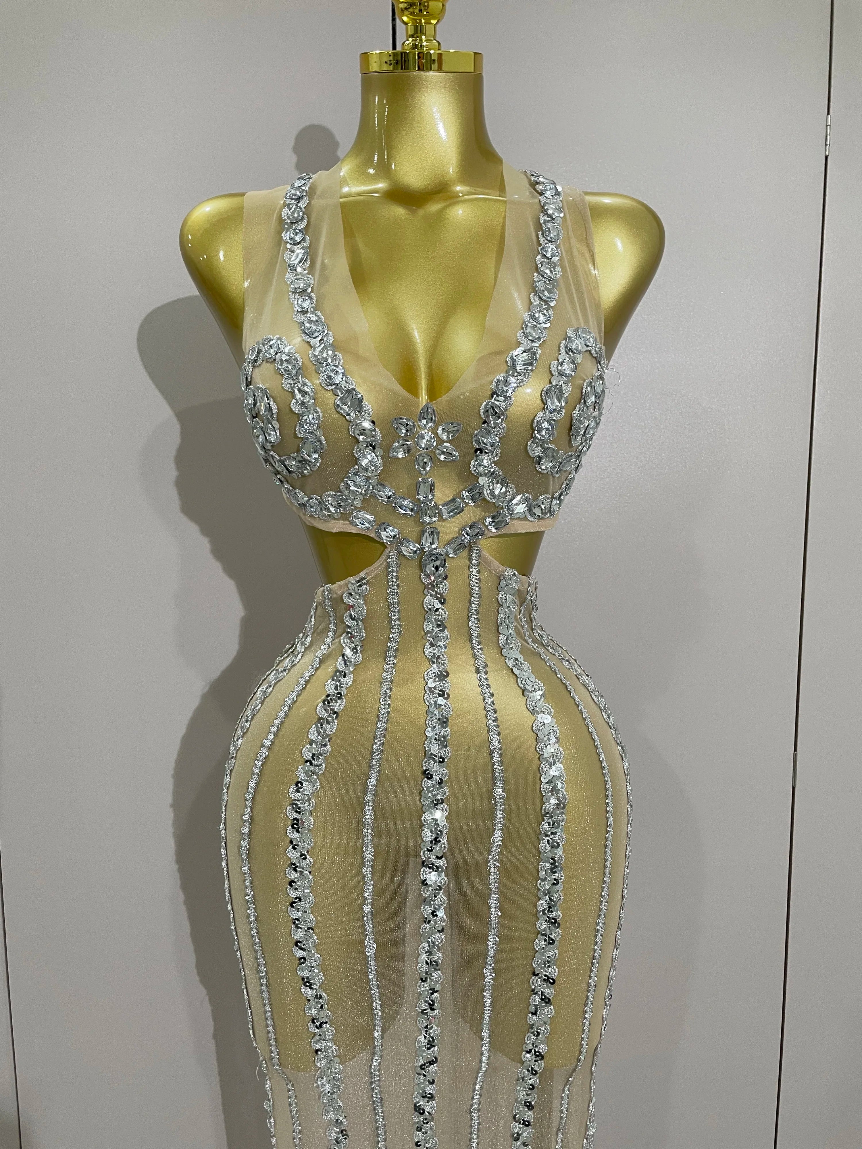 Luxury Sparkly Diamonds Sequins Sexy Mesh See Through Long Dress 2025 Women Celebrate Birthday party Dresses Festival Costume