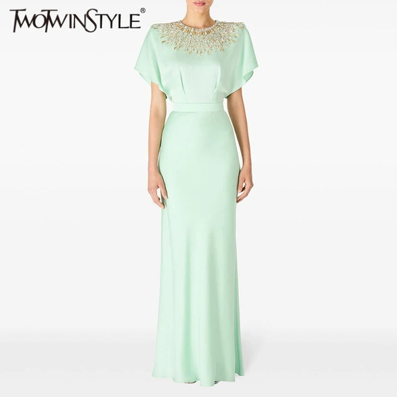 Solid Slimming Spliced Bead Luxurious Dresses for Women Round Neck Short Sleeves Tunic Elegant Dress Female Fashion