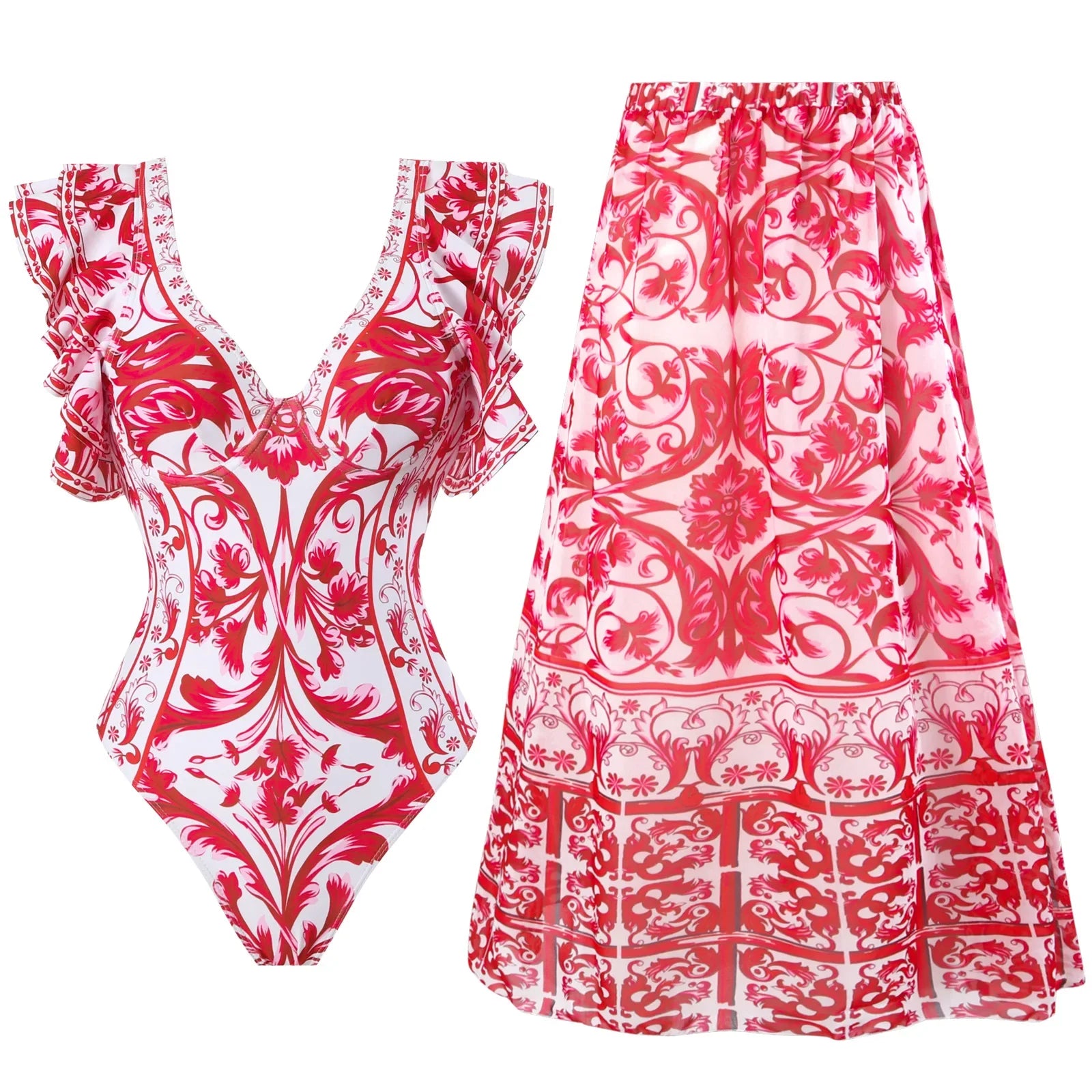 Sexy One Piece Swimsuit Push Up Swimwear Women Ruffle Monokini Cover Up Shoulder Swimsuit Bodysuit Bathing Suit Skirt SET 3