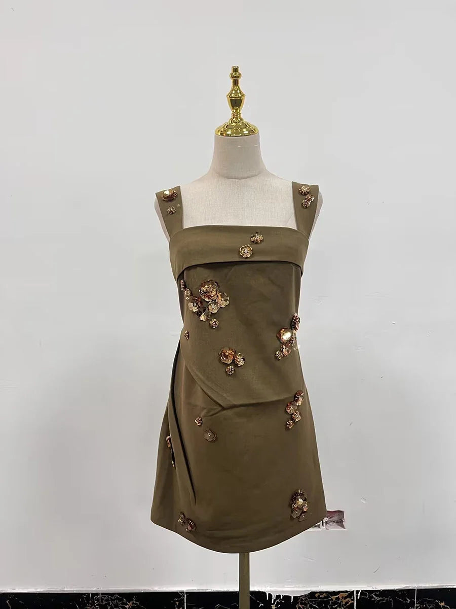 Solid Slimming Fashion Mini Dresses for Women Square Neck Sleeveless Patchwork Sequins Temperament Dress Female New