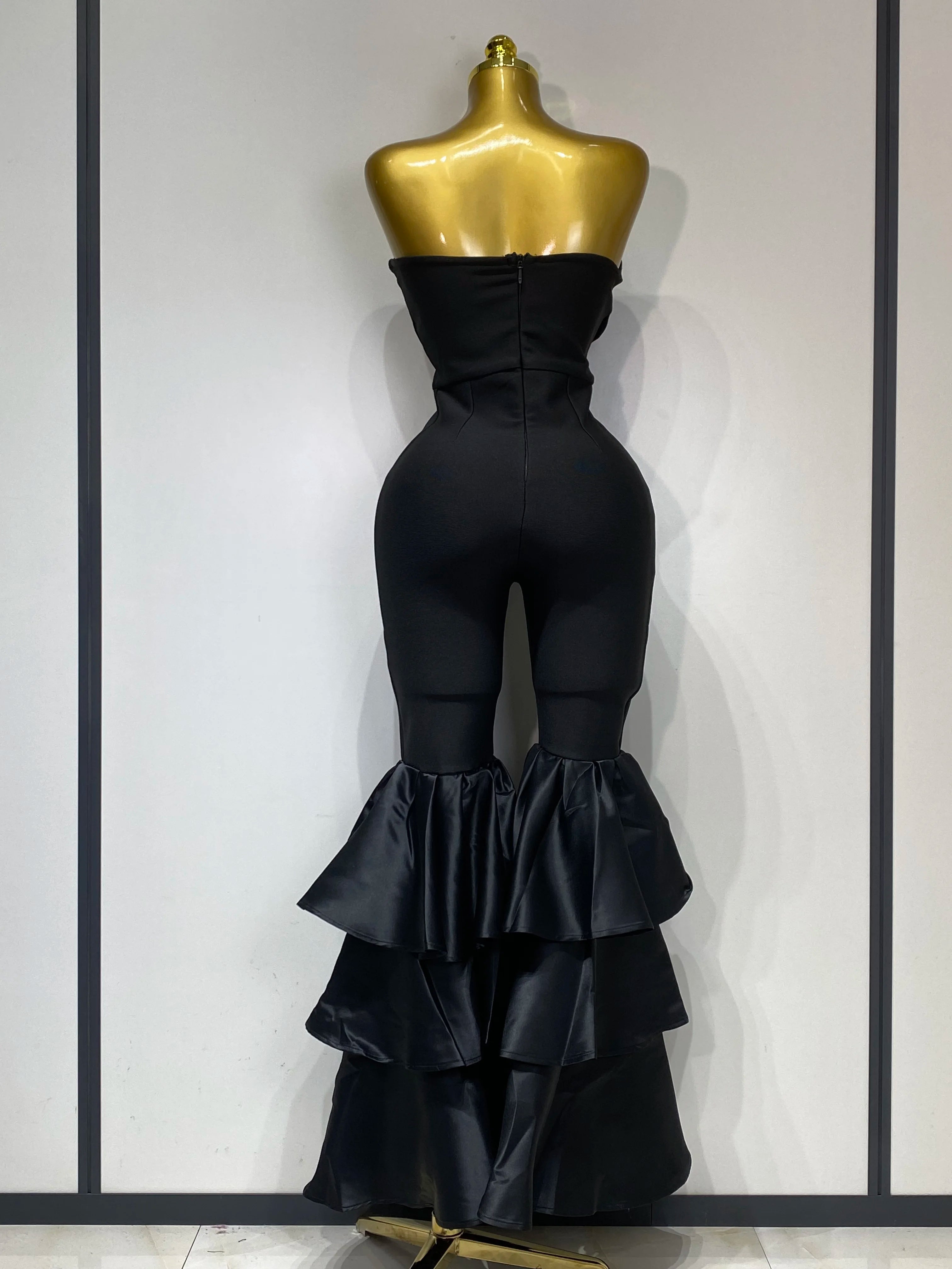 Women Luxury Birthday Sexy Strapless Ruffles Bodycon Flare Black Bandage Jumpsuit 2025 Celebrity Designer High Street Rompers