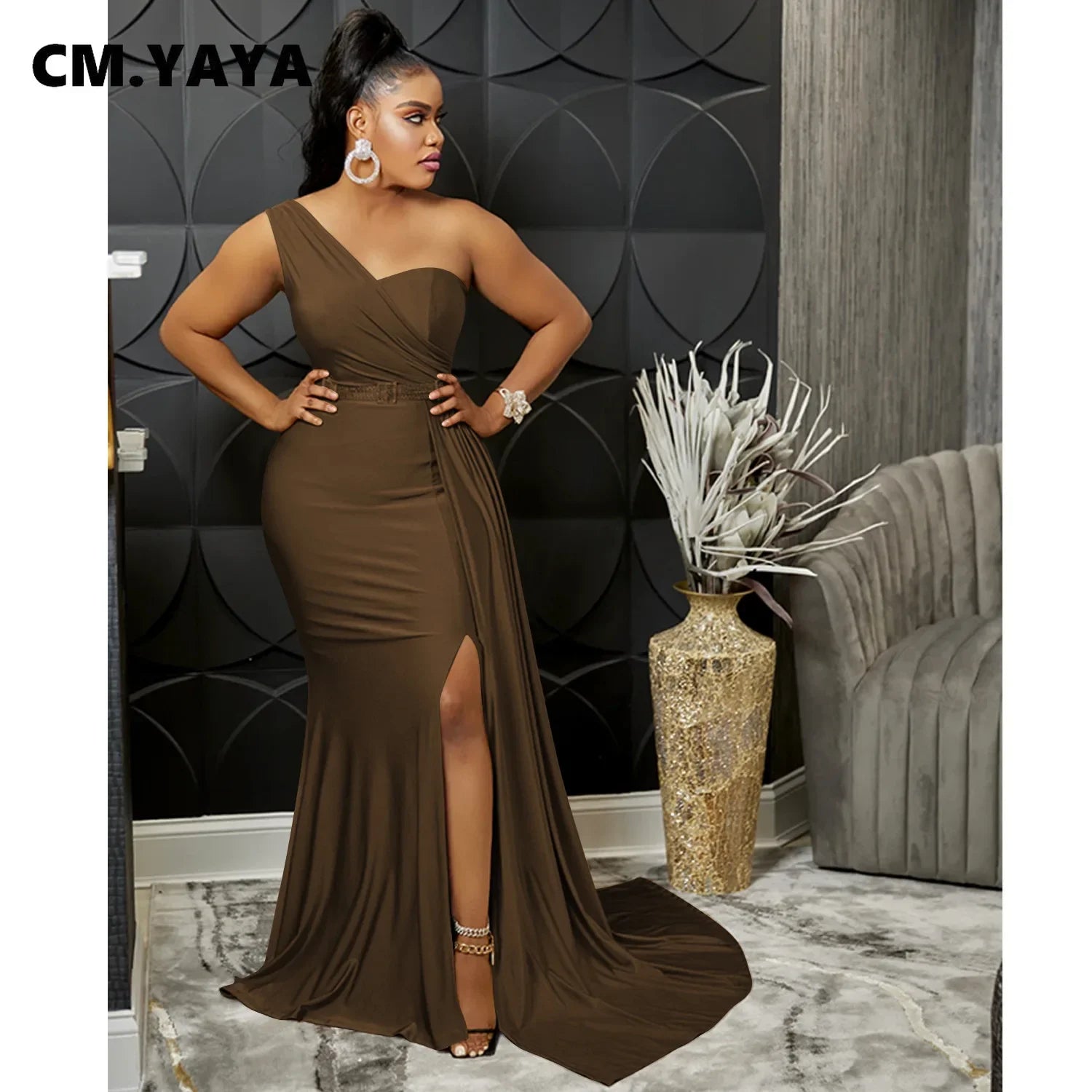 One Shoulder Skew Neck Tassel Side Floor Length Mermaid Long Maxi Dress Women 2022 Sexy Party Club Even Prom Dresses Brown