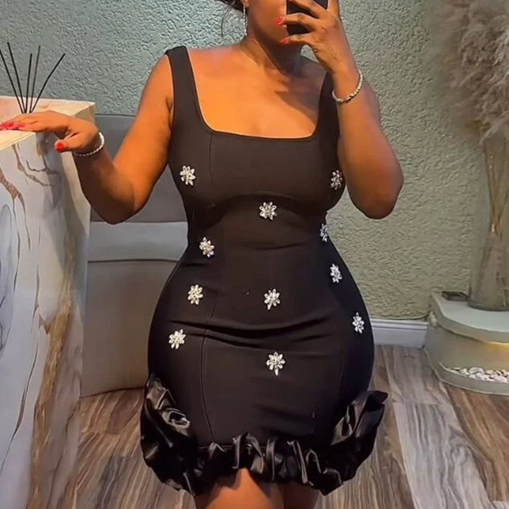 Spliced Diamonds Flower Bandage Mini Dress For Women Solid Color Sleeveless Bodycon Party Dresses Female 2025