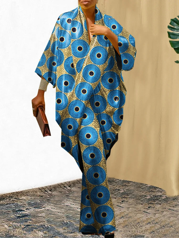 Plus Size 5XL VONDA Women Pants Sets Vintage 3/4 Sleeve Elastic Waist Tops+Trousers Casual Pleated Wide Leg Pants Elegant Suits Blue