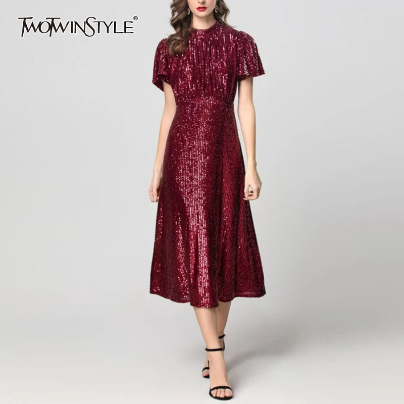 Solid Spliced Sequins Fashion Dresses for Women Round Neck Short Sleeves Patchwork Folds Elegant Dress Female New