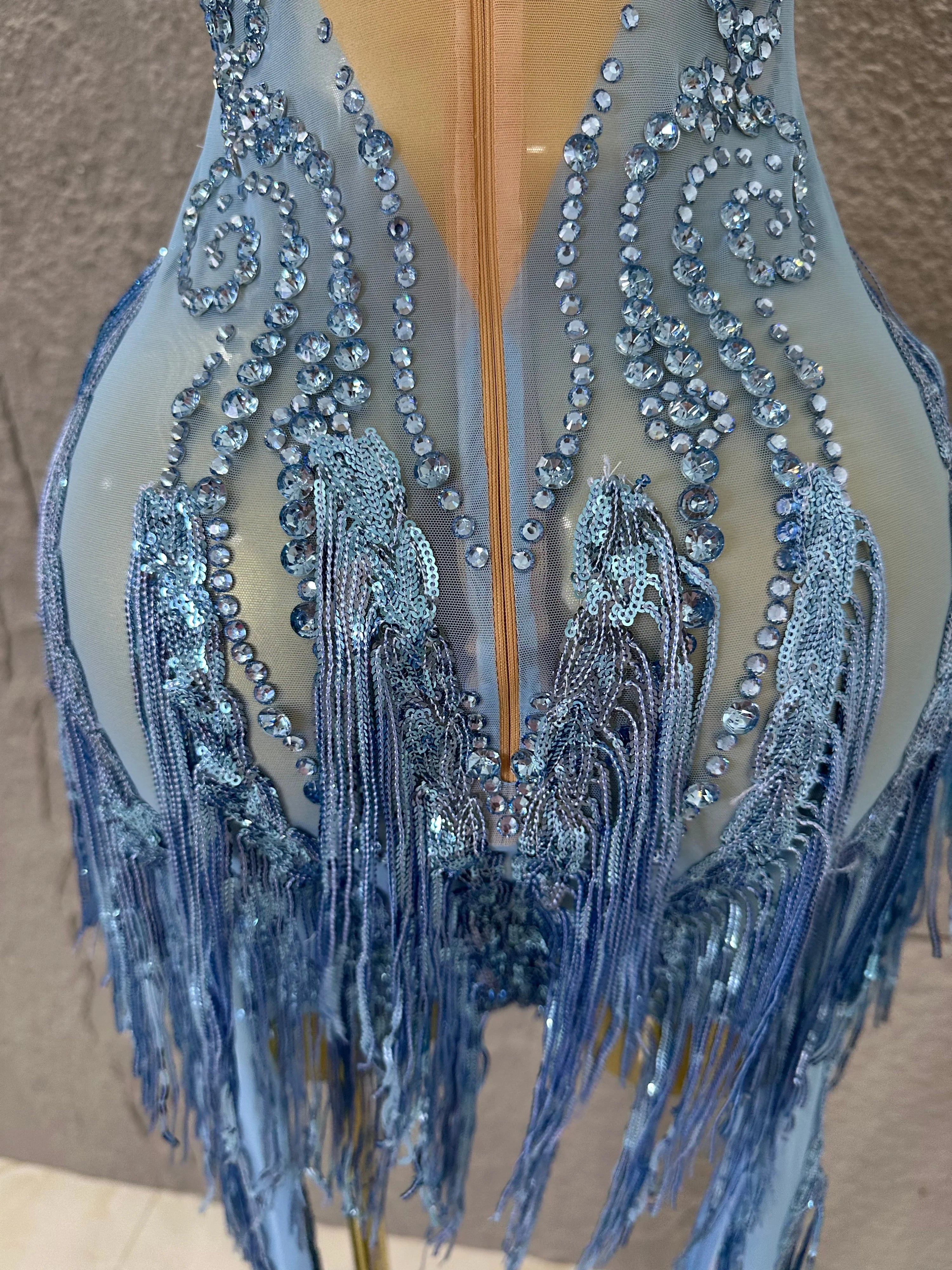 Refined Blue Spaghetti Strap Mini Dress Women Sheer Mesh Rhinestone Fringe Embellished Latin Dance Performance Costume