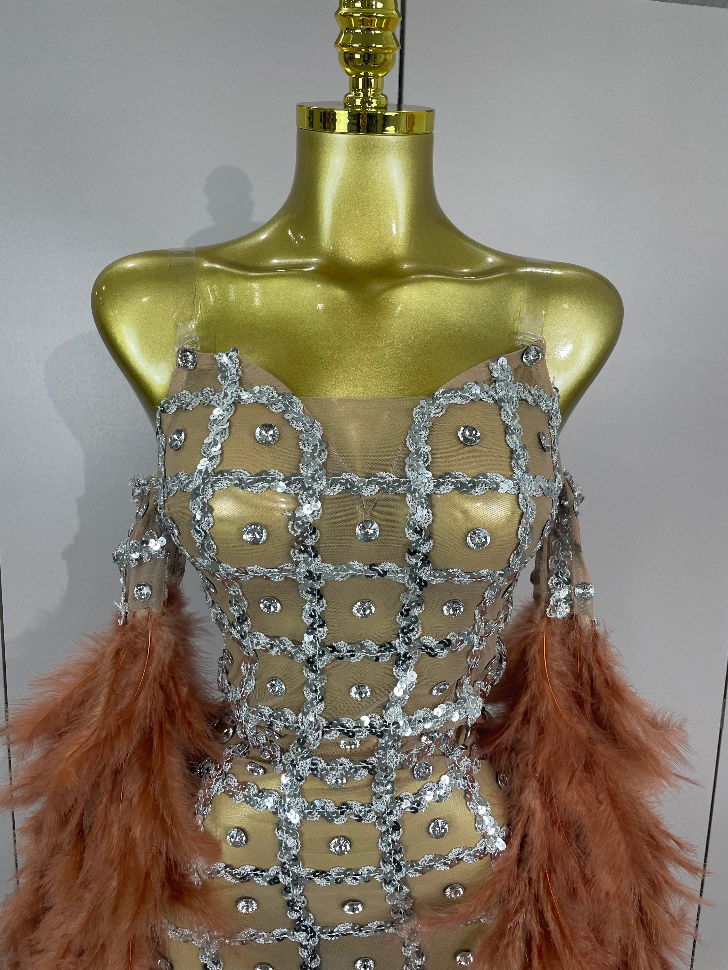 Luxury Sparkling Diamond Feather Mesh Tight Sexy Mesh Long Dress 2025 Women Birthday Party Nightclub Stage Performance Costume