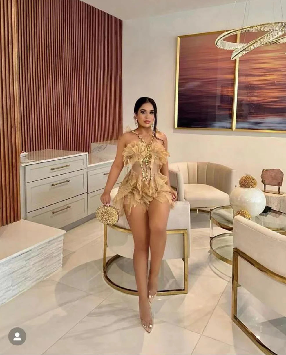 Gold Color Women Sexy Halter Crystal Bodycon Mini Dress Celebrate Birthday Party Girls' Nightclub Bar SInger Dress