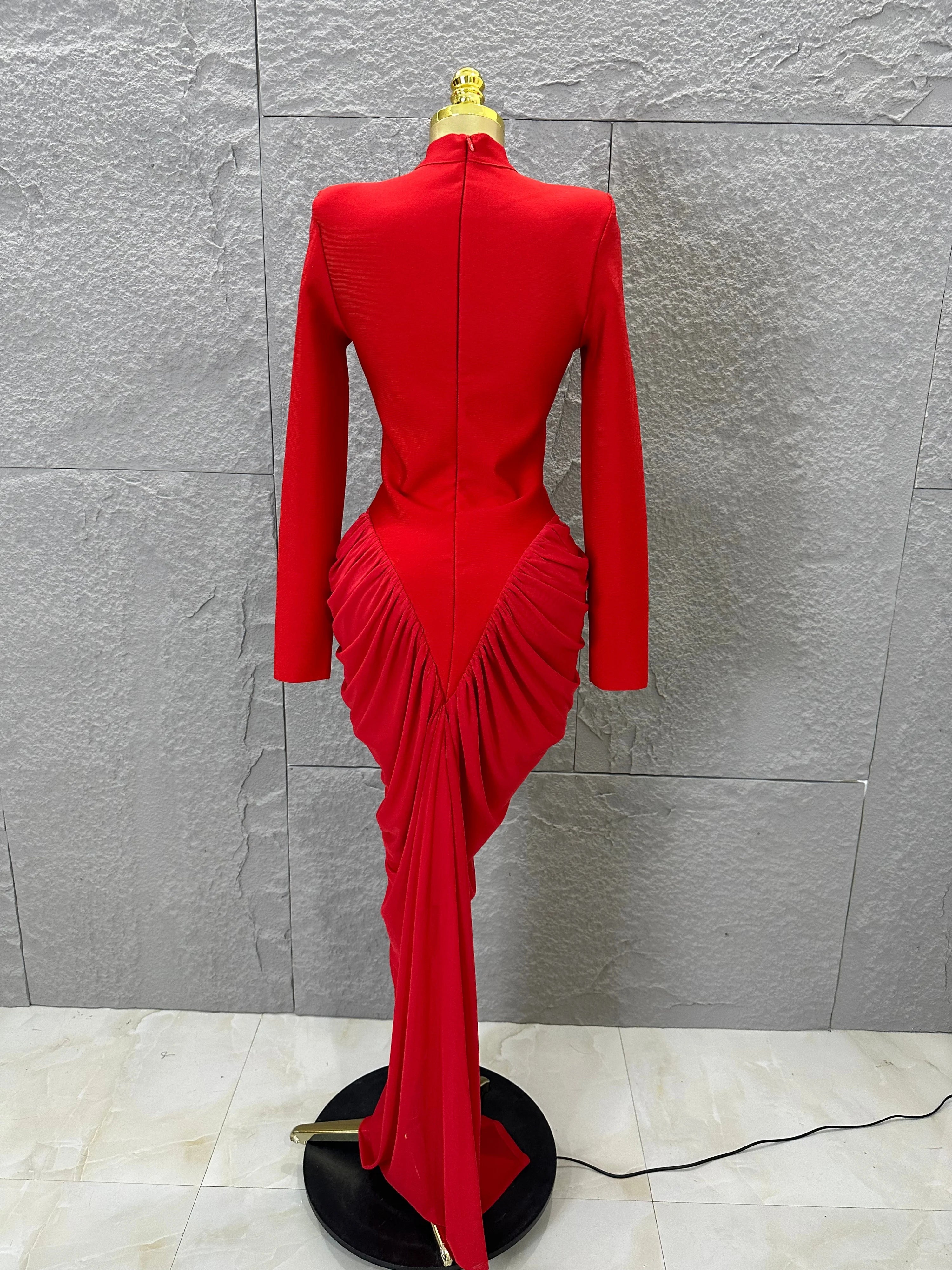 Glamorous Red Long Sleeve Maxi Dress Women High Neck Ruched Draped Bodycon Nightclub Outfit Cocktail Party Costume