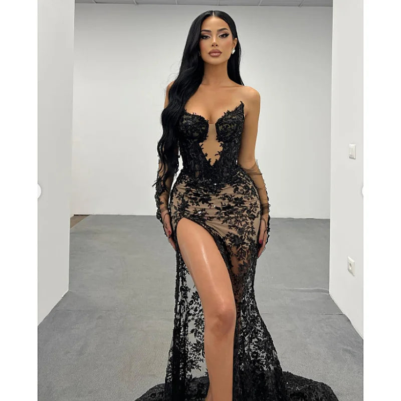 Fashion Gloves Sexy Mesh See Through Black Lace Strapless Midi Calf Dress Birthday Party Evening Dress Celebrity Party Dress black