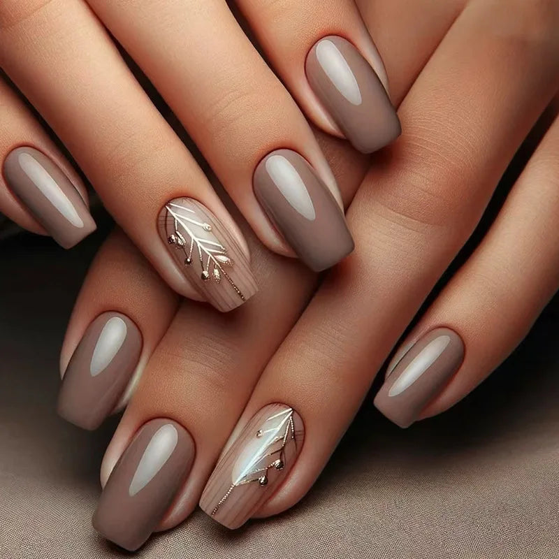 24Pcs Fashion Fake Nails Press on Long Ballet False Nails Art with Flower Design Brown Detachable Full Cover Nail Tips Manicure 1782