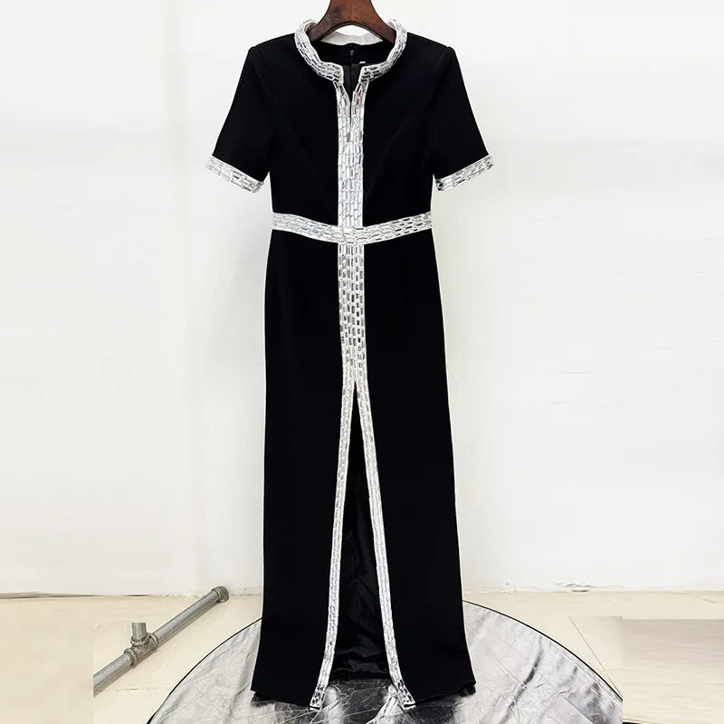 Solid Spliced Bead Elegant Dresses for Women V Neck Short Sleeves High Waist Patchwork Split Long Dress Female New BLACK