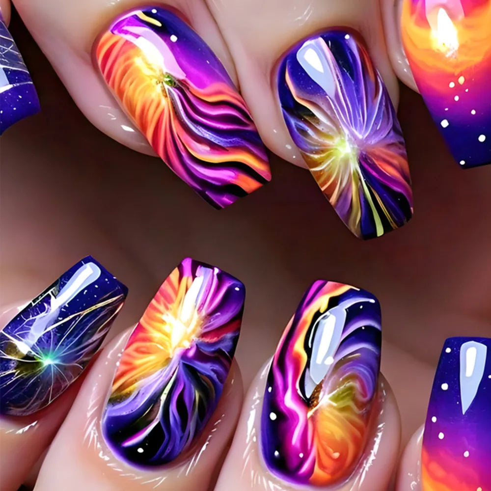 24Pcs Short Square Glossy Press on False Nails with Dreamy Gradient Colorful Firework Fake Nails Removable Full Cover Nail Tips 2