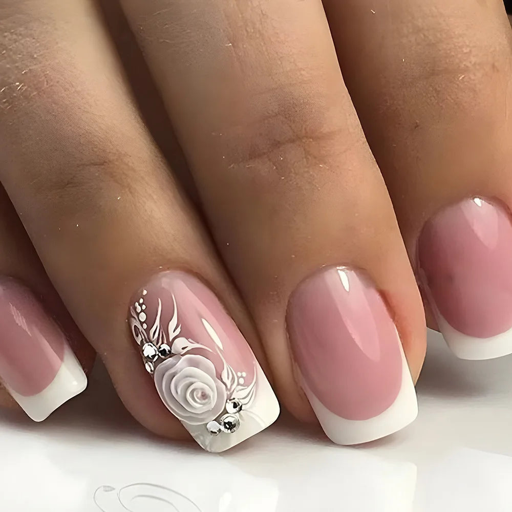 24pcs/set short fake nails for women girls french nude square white tips with rhinestones glitters Y2K press on false nail art 934