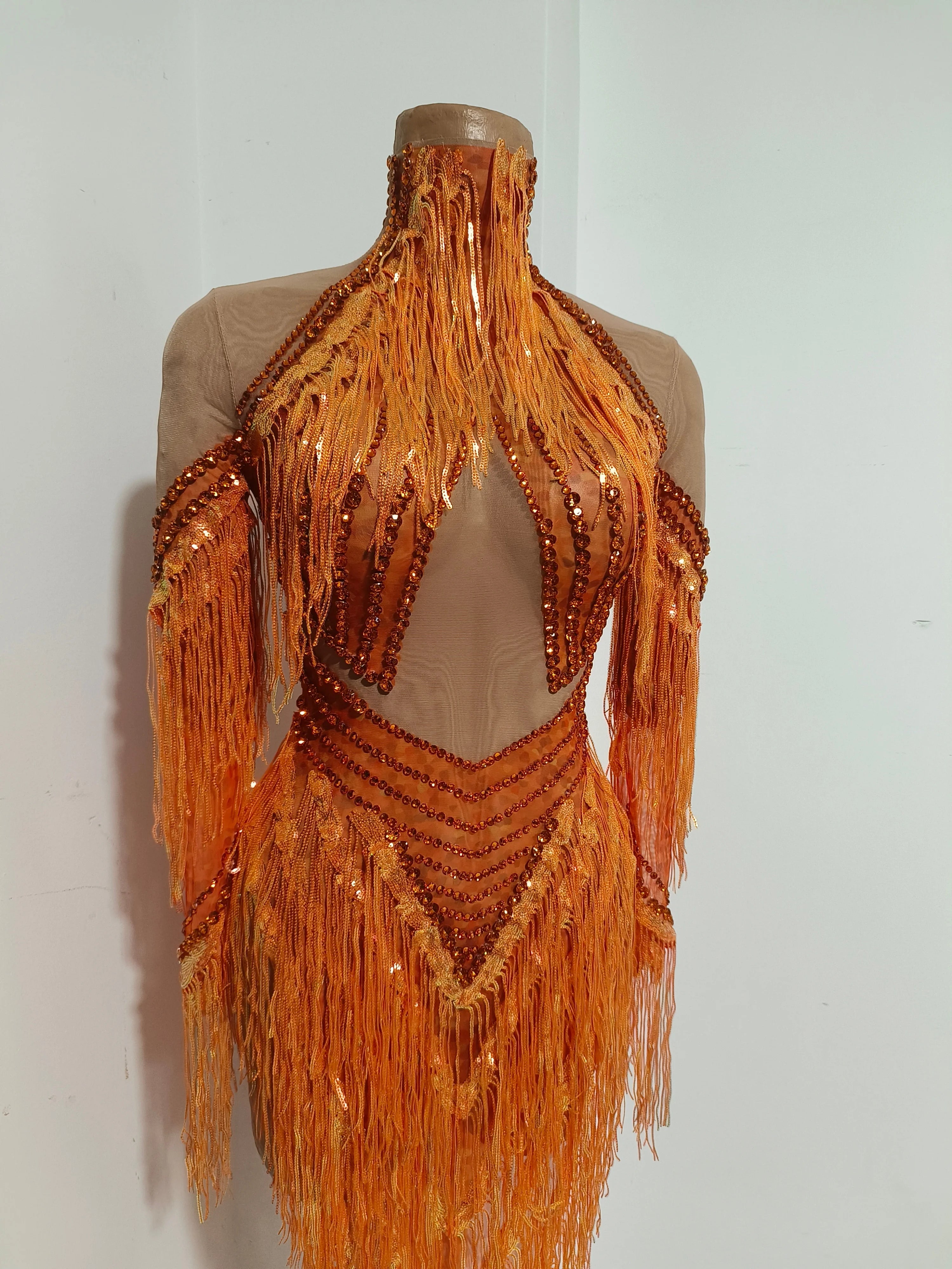 Sparkly Orange Rhinestone Fringe High Neck Dress Women Sheer Mesh Embellished Latin Dance Performance Costume
