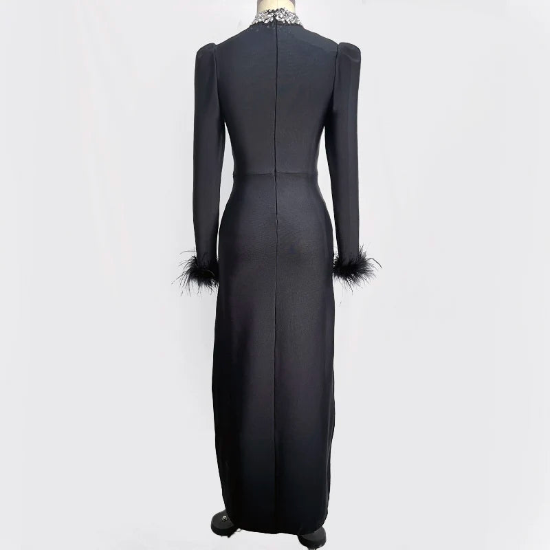 Black Red Color Women Long Sleeve Sexy Shinning Crystal Bodycon Bandage Long Dress Celebrate Evening Party Prom Dress