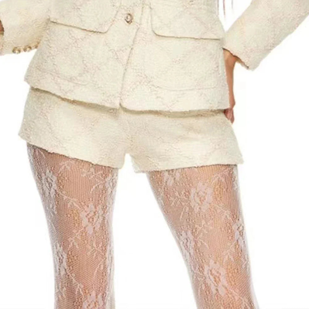 Solid Temperament Two Piece Sets For Women O Neck Long Sleeve Coat High Waist Shorts Elegant Set Female Fashion New BEIGE SHORTS