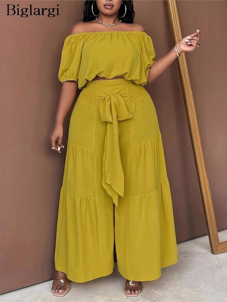 Plus Size Summer 2 Two Piece Set Women Casual Fashion Ladies Cropped Blouses Wide Leg Loose Pleated Woman Long Pant