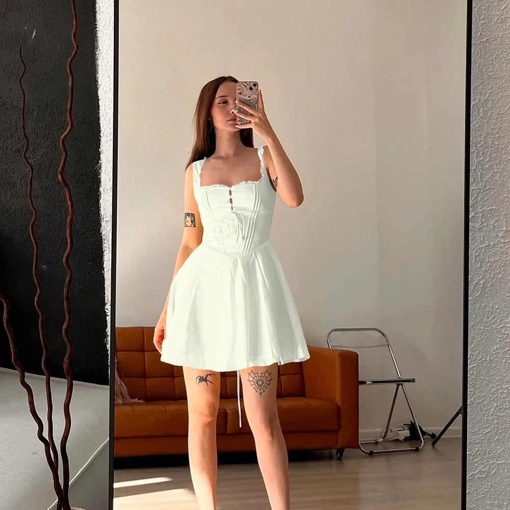 Suninheart Summer Lovely Cute Mini Dress Black Hollow Out Sexy Party Dresses Lace Up Elegant Holiday Dress Women 2024 New In White