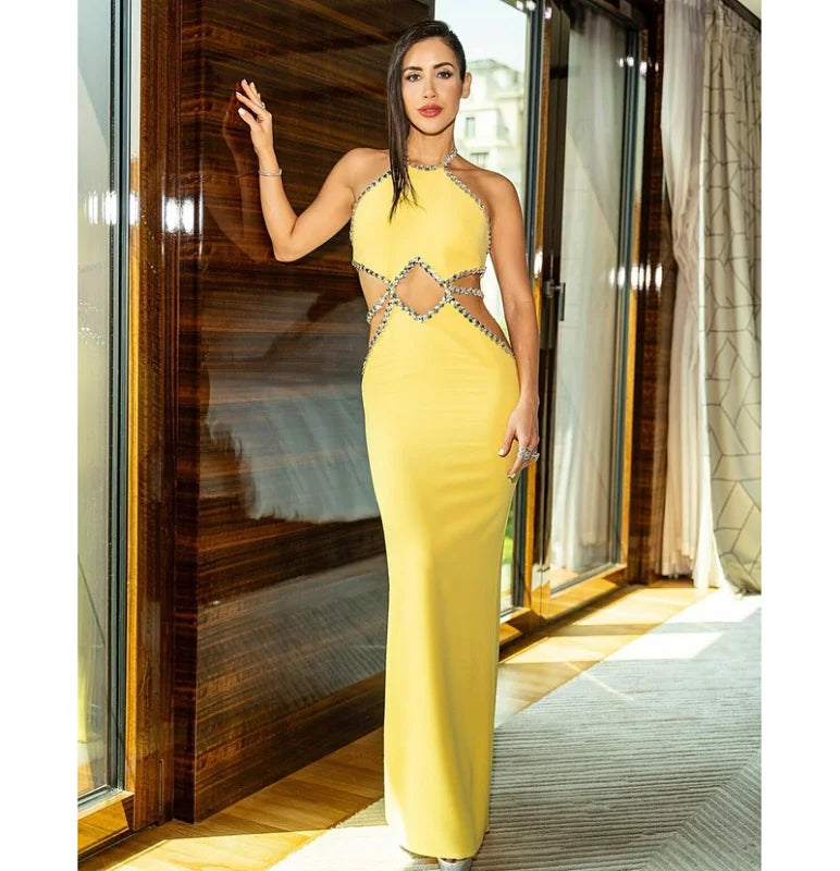STOCK Lemon Yellow Sexy Hollow Out Sparkling Diamonds Ankle Length Bandage Dress Elegant Woman Evening Party Outfit