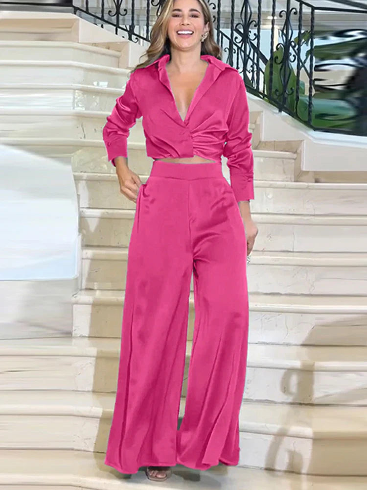 Drauuing 2 Pieces Sets Women Shirts Top And Wide Leg Pant Outfits Women Blouse Sets Women Crop Top And Pant 2 Pieces Sets