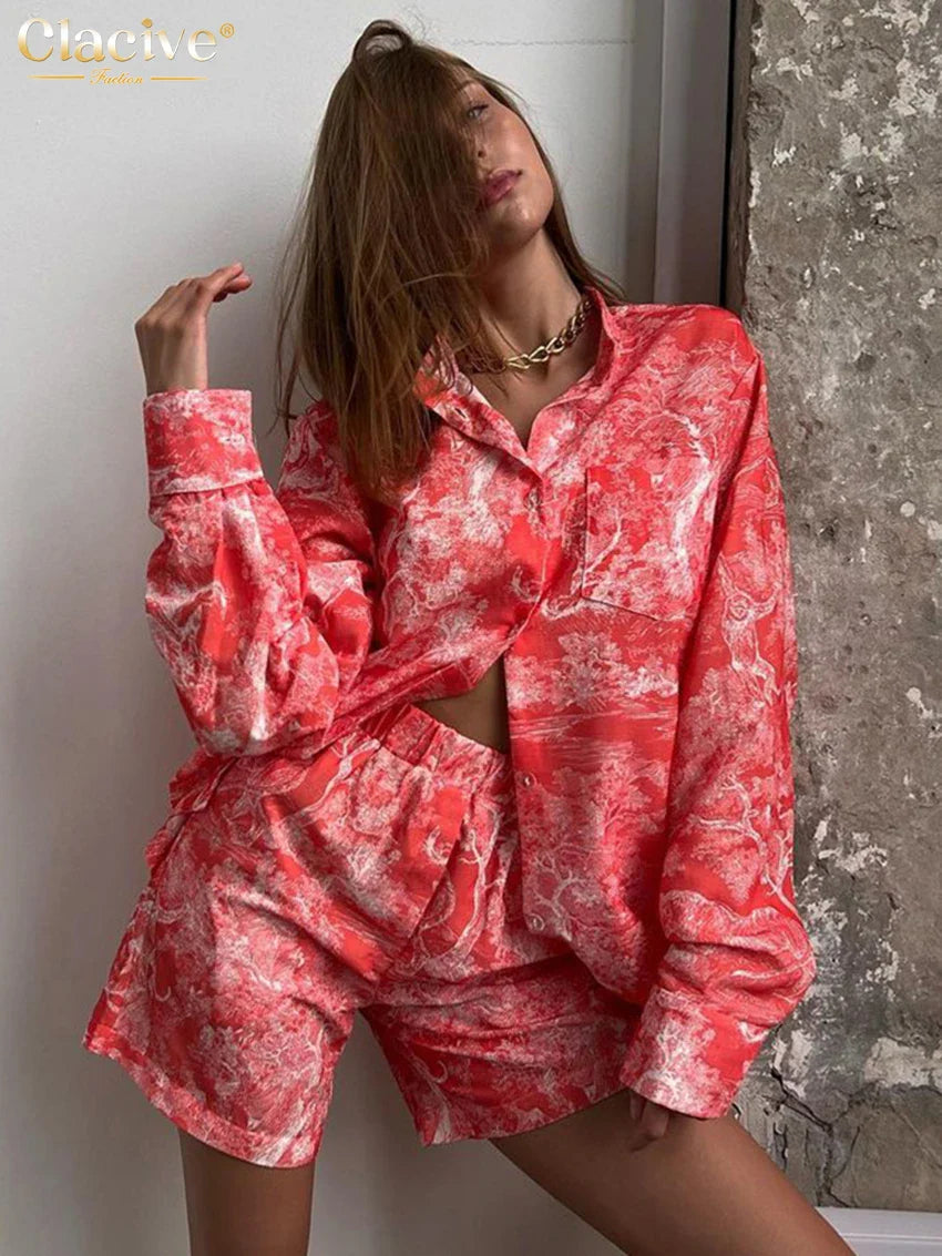 Clacive Fashion Loose Print 2 Piece Sets Women Outfit Elegant Long Sleeve Shirt With High Waist Shorts Set Streetwear Red