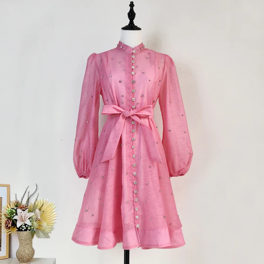French Luxury Crystal Beaded Wedding Prom Mesh Dress Women Stand Long Lantern Sleeve Diamond Buttons Belt Lace Up Mini Vestidos pink red