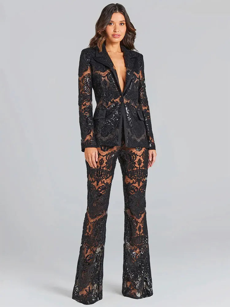 Sexy Autumn Women's Sequin Perspective Suit Pants Set with Polo Collar Long Sleeve Slim Fit Suit Coat+Flare Pants Two Piece Set black