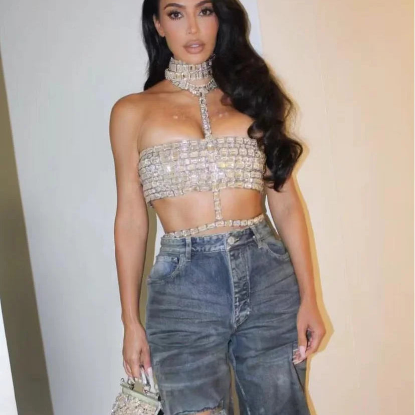 Celebrity Fashion Red Carpet Wear Women Shinning Big Crystal Sexy Halter Tops Nightclub Party TV Show Tops Tank High Quality