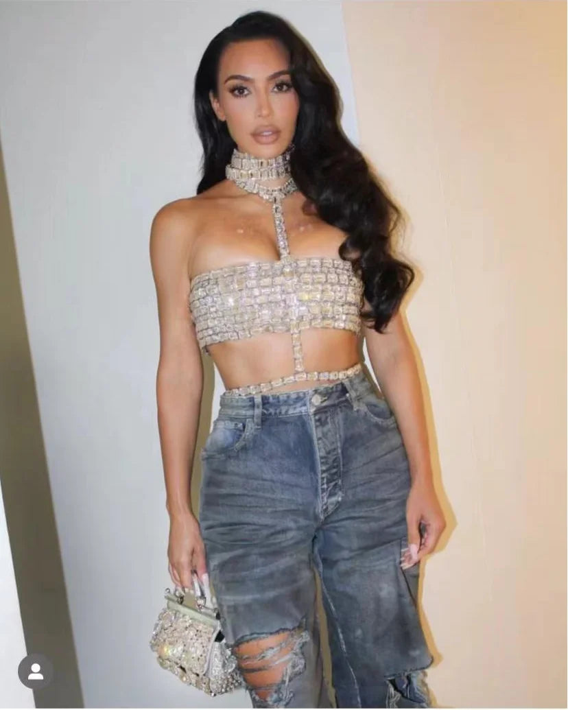 Celebrity Fashion Red Carpet Wear Women Shinning Big Crystal Sexy Halter Tops Nightclub Party TV Show Tops Tank High Quality