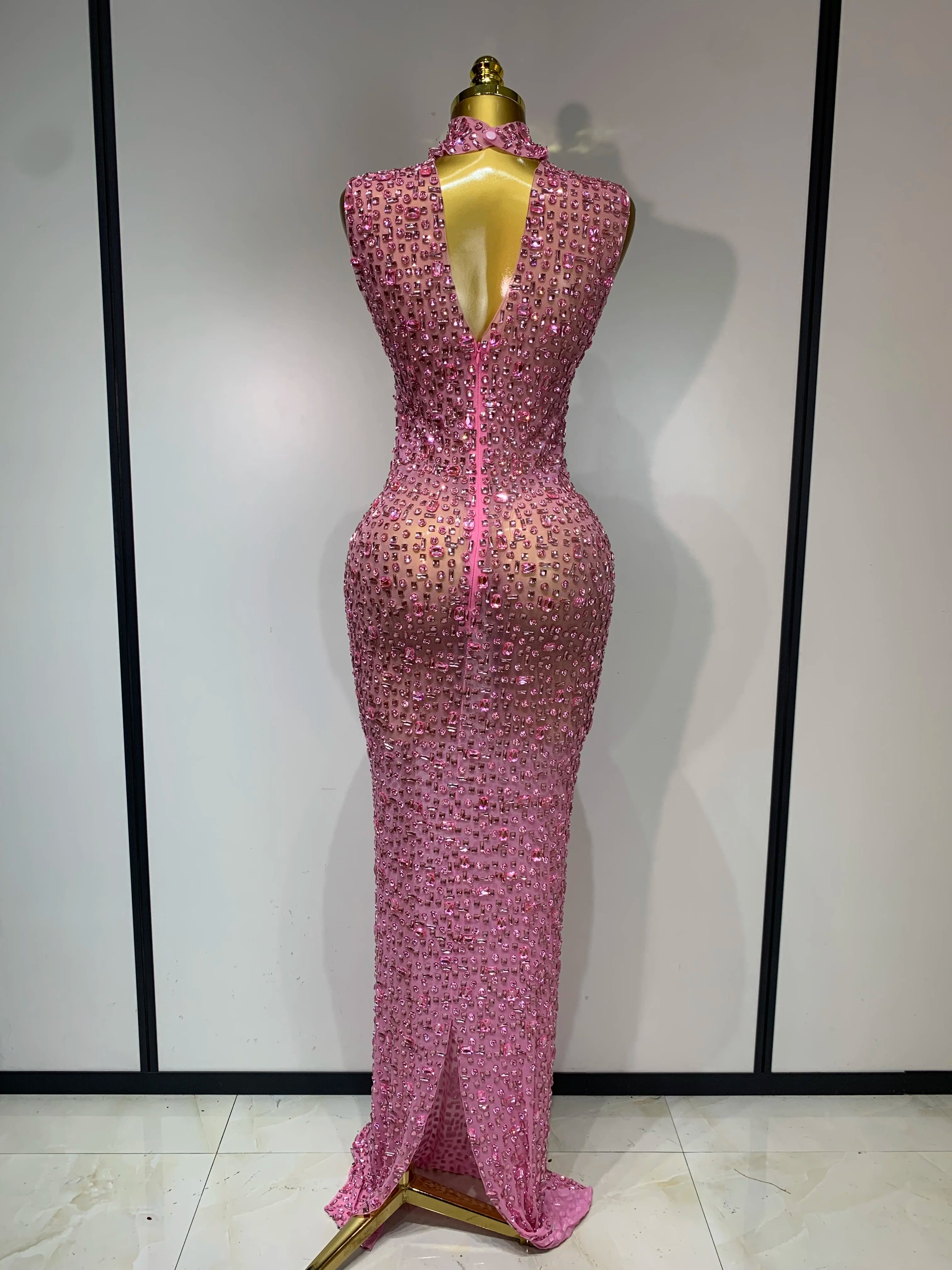 Sparkly Rhinestone Sleeveless Maxi Long Dress Sexy Mesh See Through Luxury Birthday Dress Evening Party Singer Stage Outfit