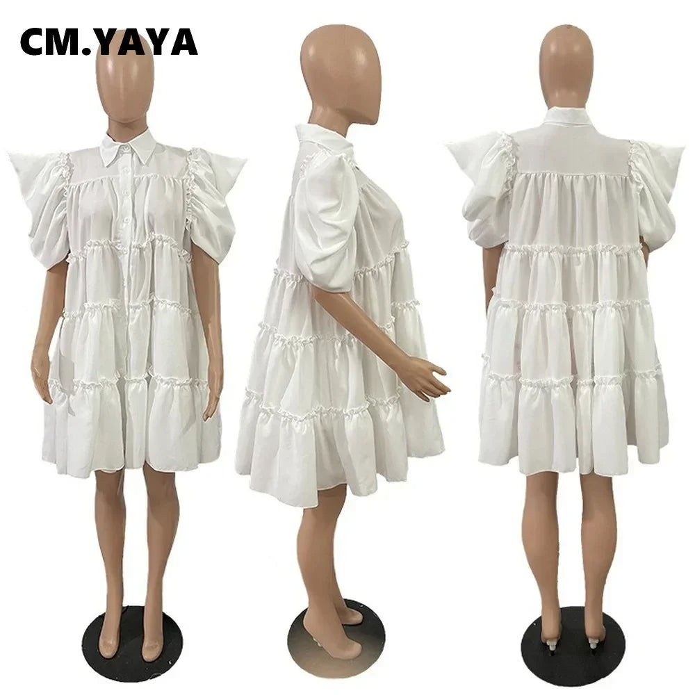 Elegant Women Puff Short Sleeve Smock Dress 2022 Summer Chic Big Swing Loose Turn-down Neck Sundress Vestidos