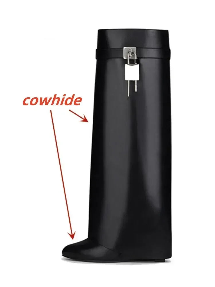 European and American Metal Lock Fasteners for High Tube Skirts, Boot Slopes, Leg Sleeves, Knee Length Boots, Platform Boots black cowhide