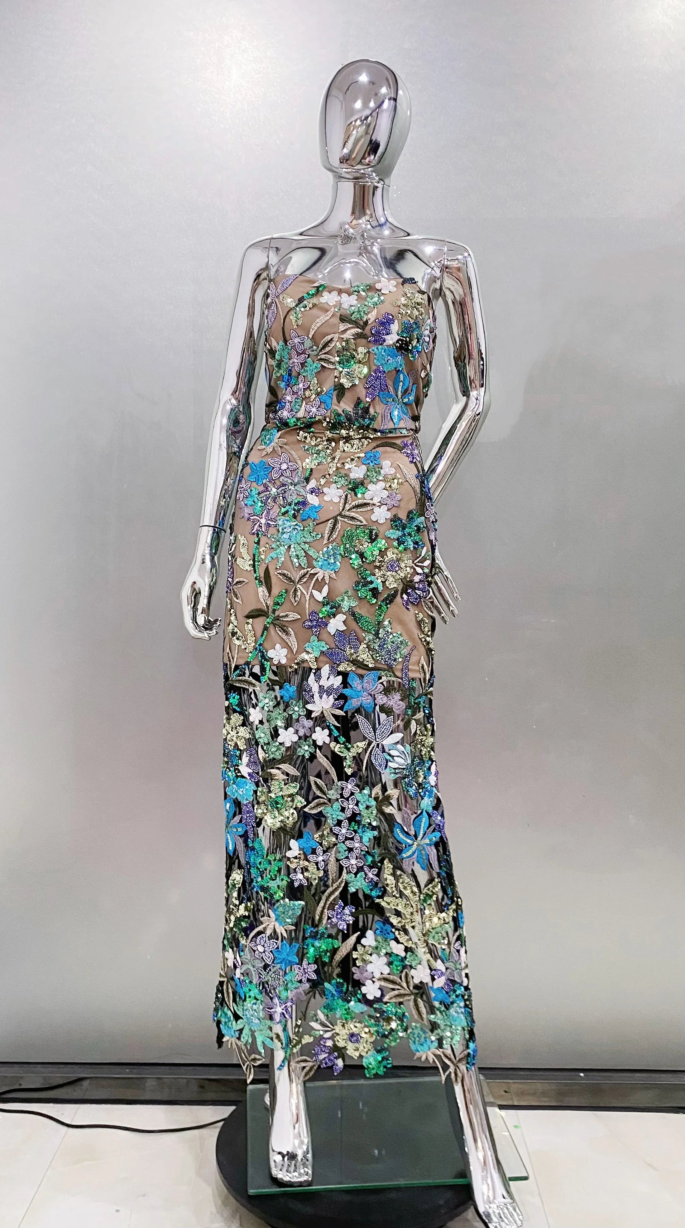 Sequin Flowers Embroidery Sexy Mesh See Through Strapless Ankle Length Dress Elegant Woman Evening Dress Celebrity Party Outfit green