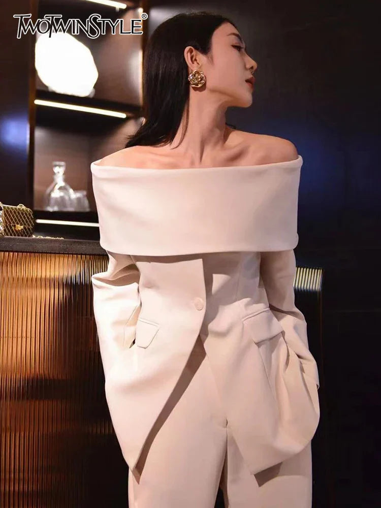 Slash Neck Chic Blazers For Women Off Shoulder Long Sleeve Patchwork Single Button Solid Coat Female Clothes 2022