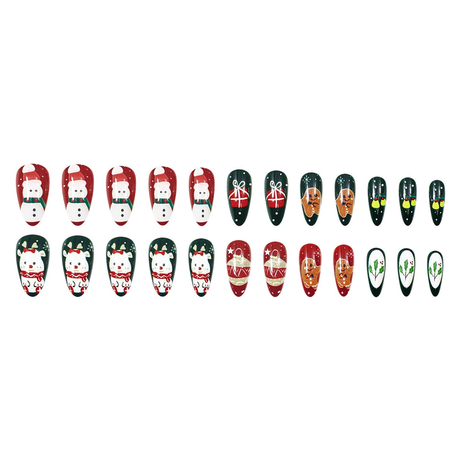 Red/Green Almond Fake Nails for Christmas Party DIY Manicure 24Pcs Acrylic Press On Nails Snowman/Gingerbread Man/Bear Printed