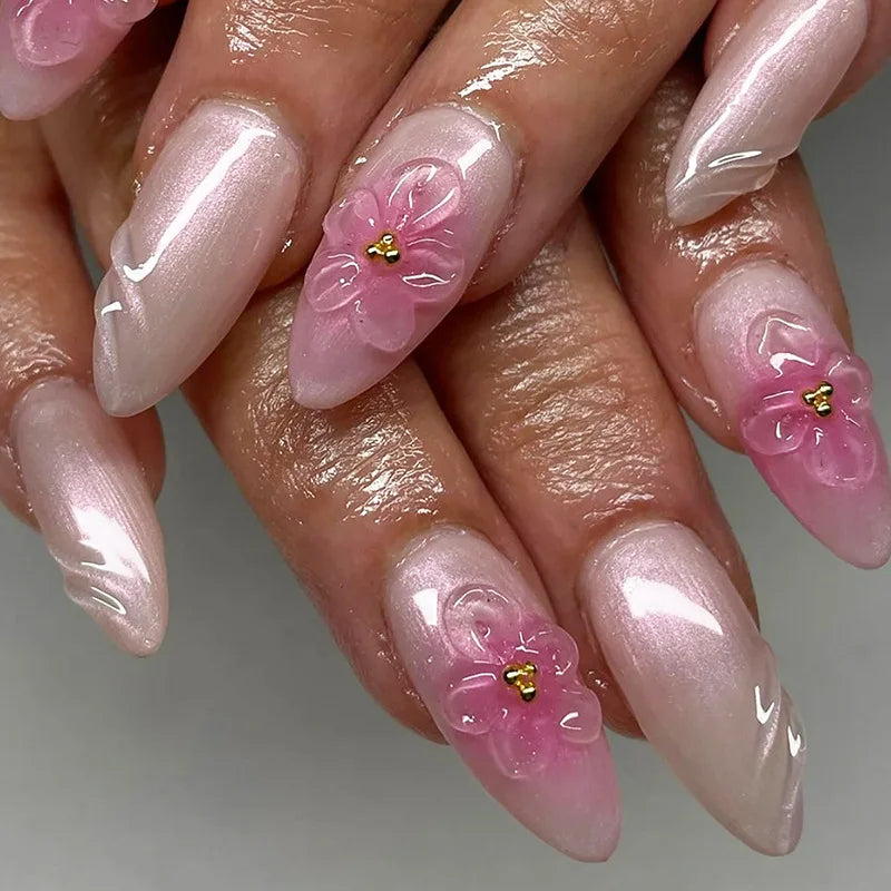 24Pcs 3D Pink Flower Wearable Nail Set Short Almond False Nails French Pearlescent Peach Pink Pearl Diamond Nail with Jelly Glue 6