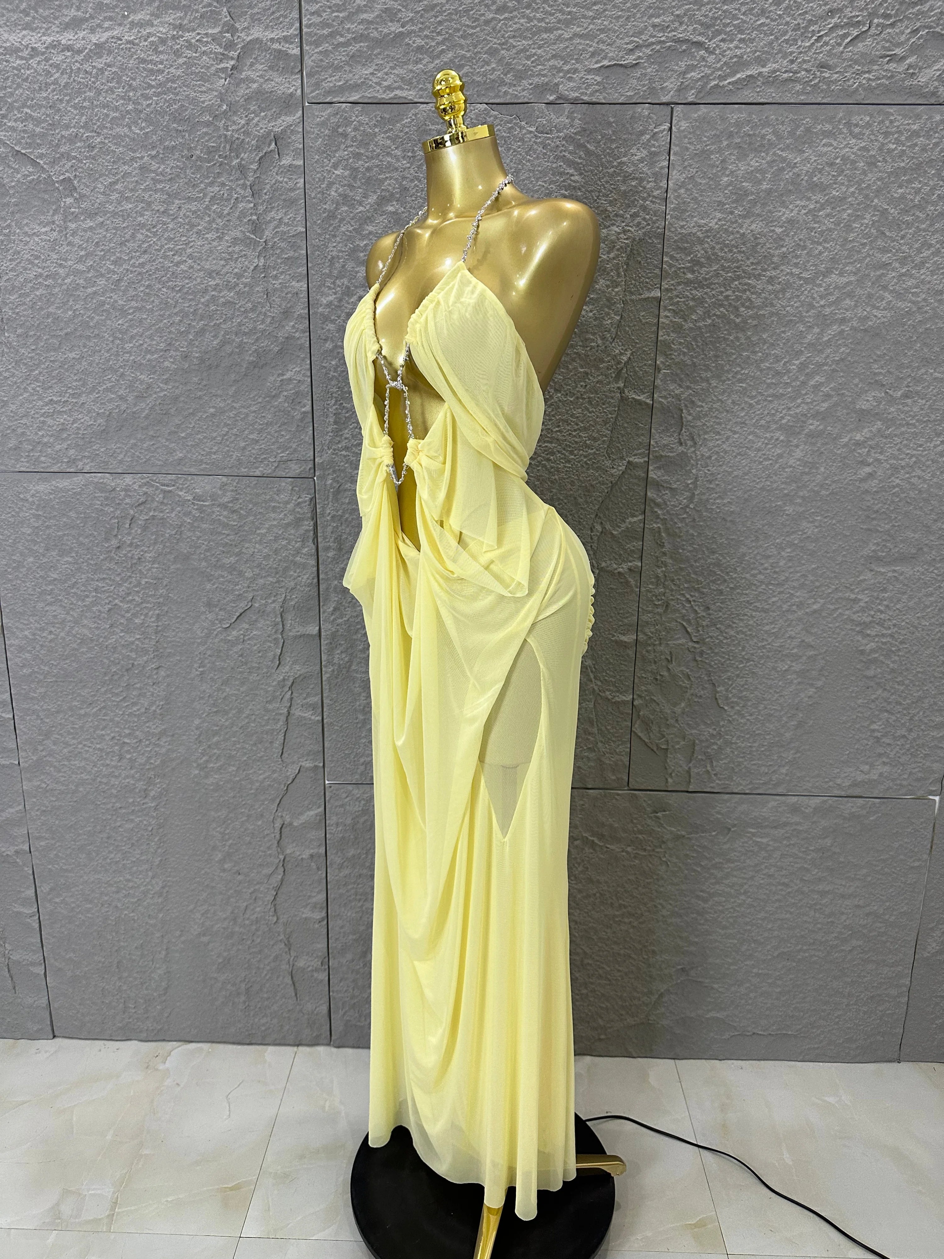 Sexy Halter Neck Maxi Dress Crystal Chain Cutout Ruched Women Sheer Mesh Form Outfit Glamorous Evening Gala Party Costume