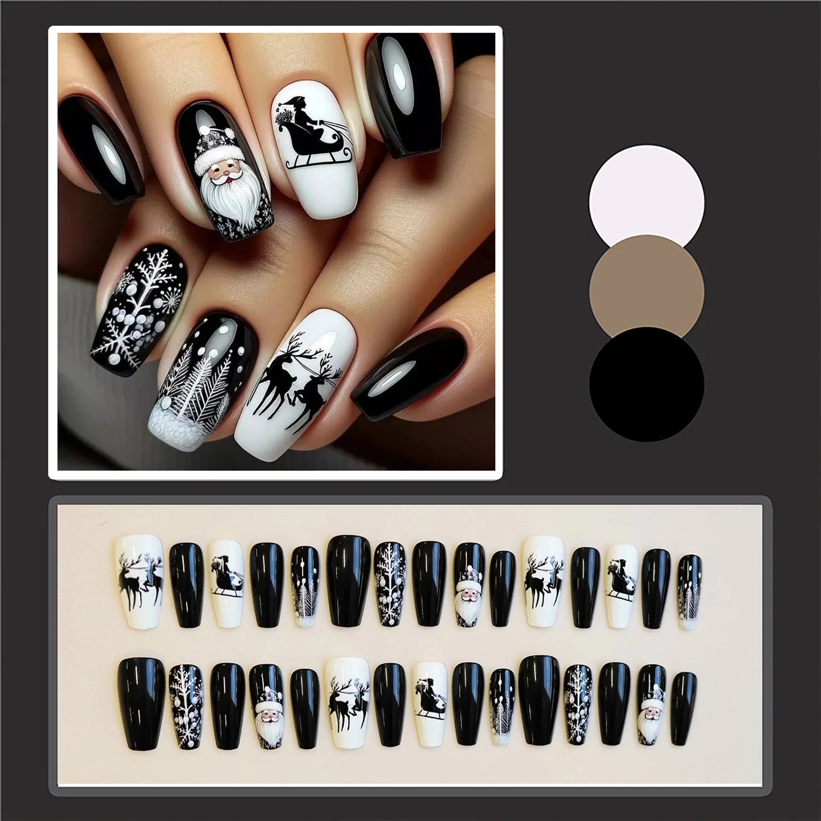 24Pcs Black/White False Nails Medium Length Coffin Christmas Nails Press On Full Cover Acrylic False Nails Santas/Deer Printed