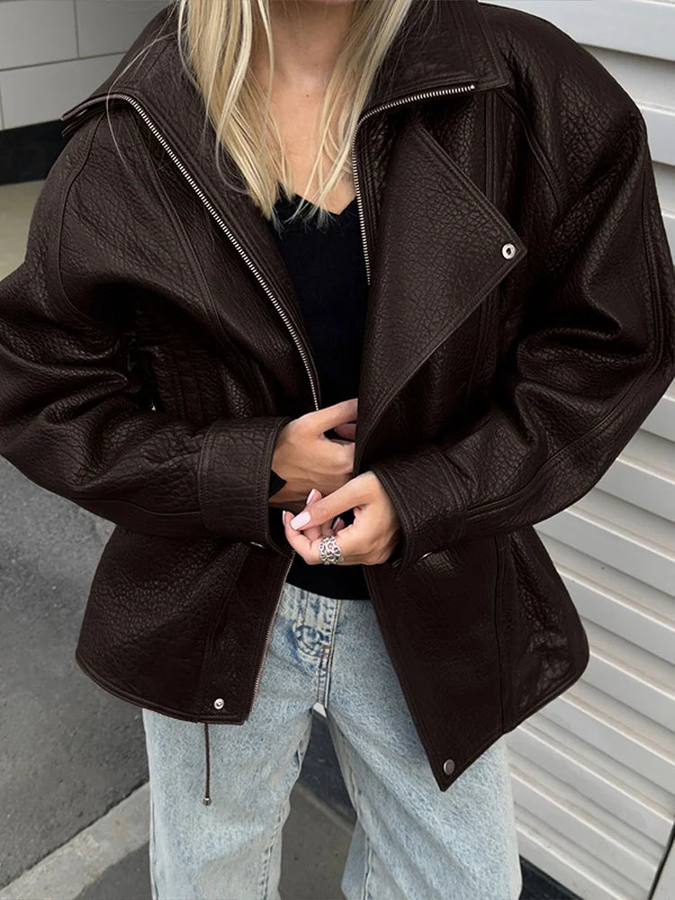 2025 Women Faux Leather Jacket Zipper Stand Collar Long Sleeve Loose Coat Fashion Autumn Winter Lady Thick Warm Outwear