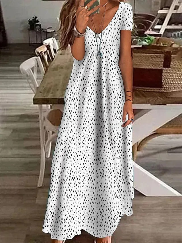 Summer Boho Floral Polka Dot V Neck Long Maxi Dress Elegant Ladies Holiday Beach Loose Retro Sundress White