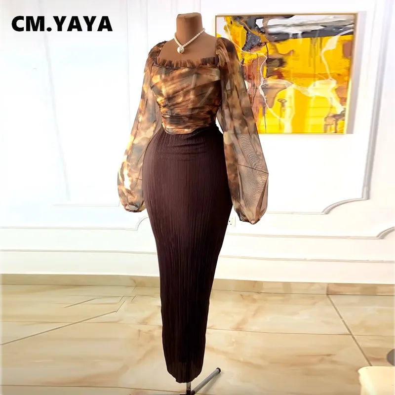 Fashion Elegant Mesh Printed Women Set Street Tops + High Waist Long Skirts Suits Party Birthday Two 2 Piece Sets Dress