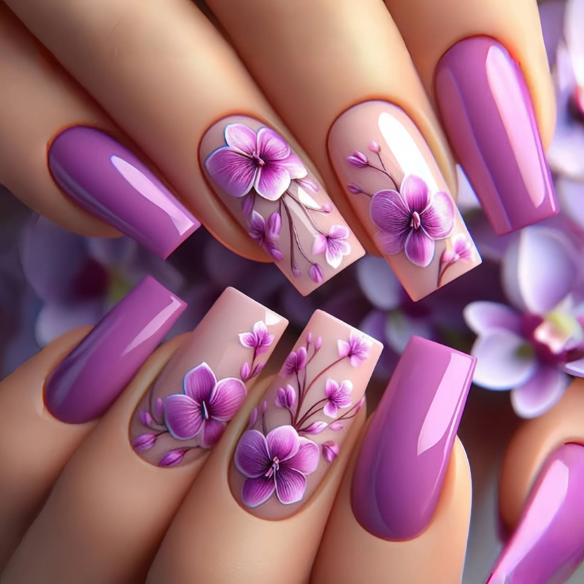 24pcs/set Medium long fake nails for women Spring summer flowers butterfly bee design faux ongles tips press on false nail art 1958