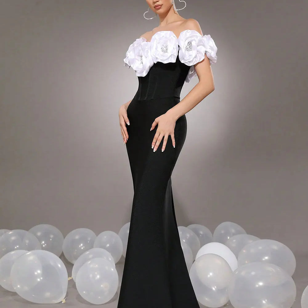 2025 Elegant Women's Light Luxury Flower Design Bandage Dresses One Collar Shoulder Bodycon Bareback Long Dress Party Vestidos