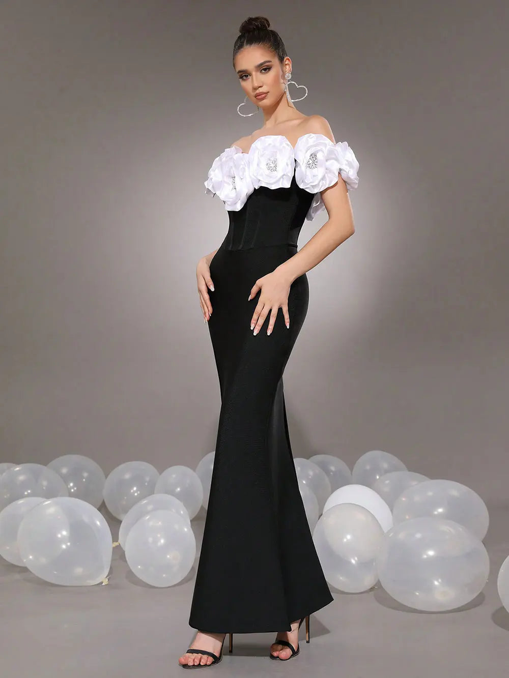 2025 Elegant Women's Light Luxury Flower Design Bandage Dresses One Collar Shoulder Bodycon Bareback Long Dress Party Vestidos