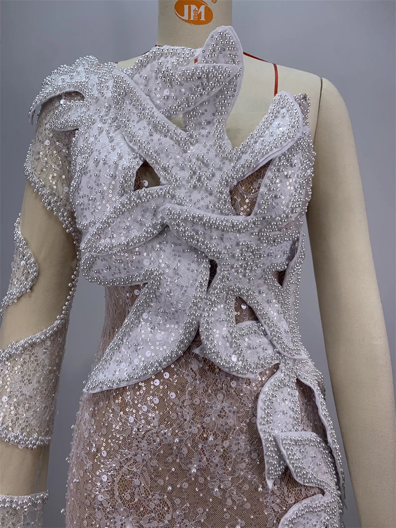 2024 White Sequins Beading One Shoulder White Lace Long Dress Graceful Woman Wedding Party Dress Singer Performance costume