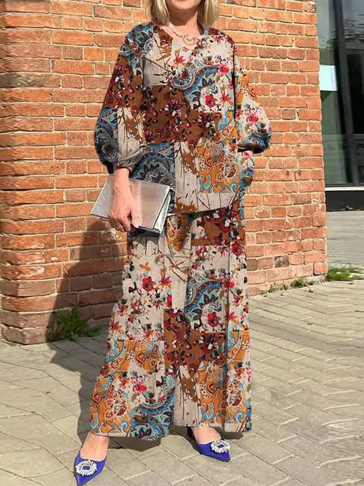 Plus Size ZANZEA Bohemian Matching Sets Casual Printed 2pcs Suits 2023 Women 3/4 Sleeve Tops Tracksuit Autumn Wide Leg Pant Sets Khaki