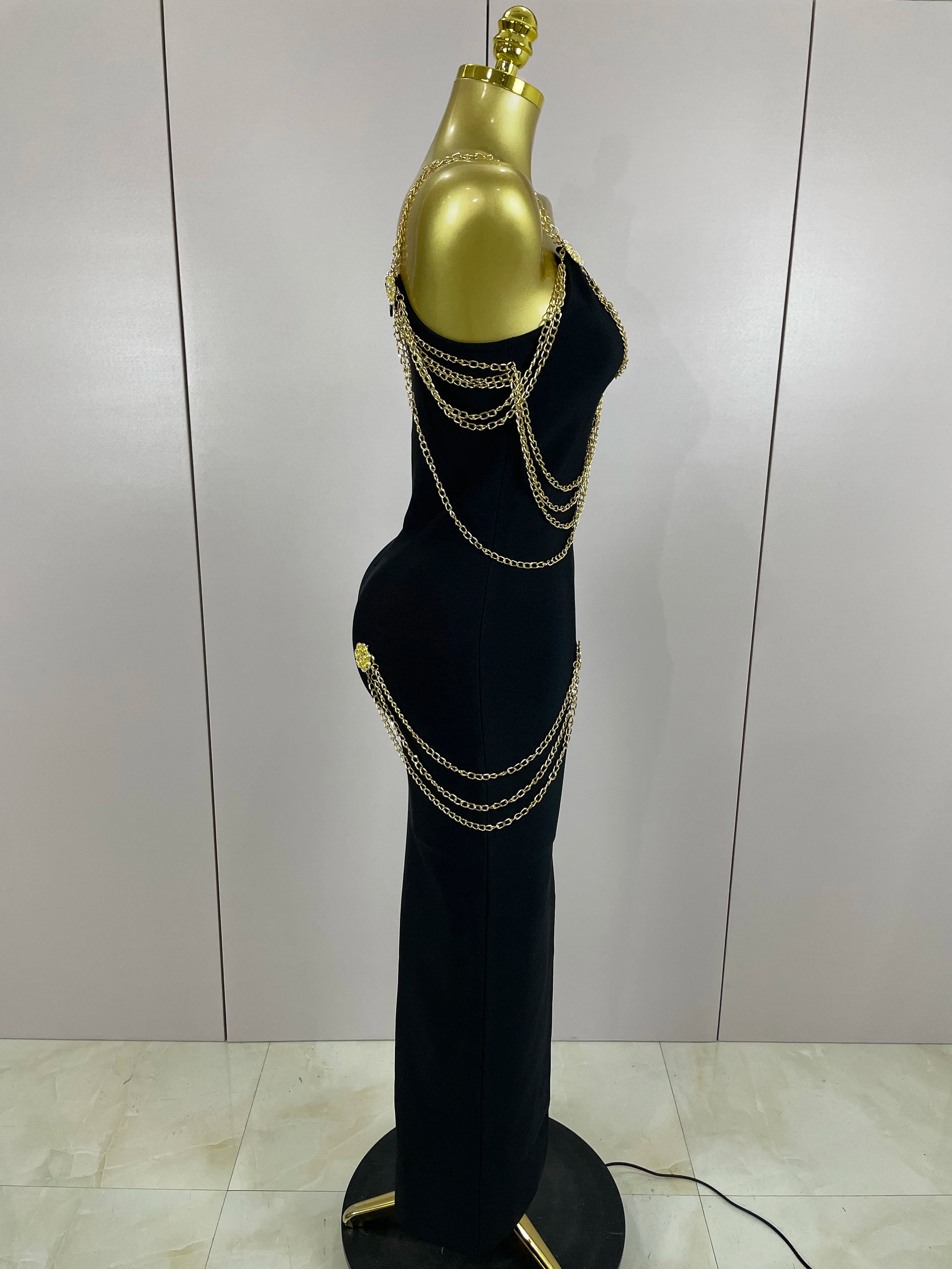 2025New New Black Chain Spaghetti Strap V-Neck Split Bandage Dress Bodycon Celebrity Club Party Long Dress Vestidos